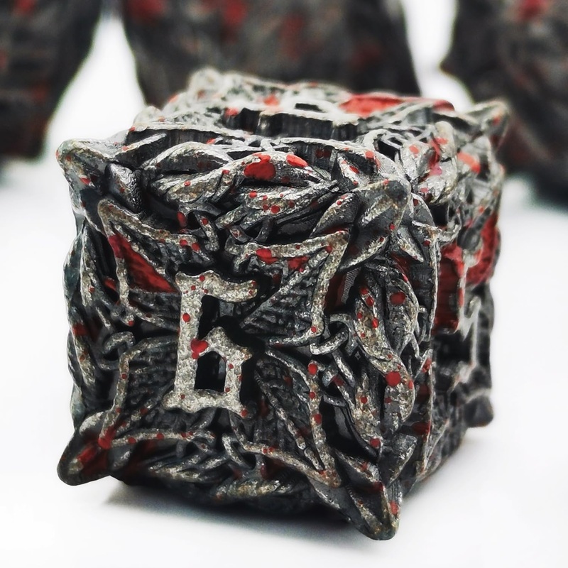 Mjdiceok Metal Dnd Dice Leaf Vine Set Polyhedral Dice 7 Role Playing Dice D&D Solid Dungeons And Dragons Dice (Blood Antique Iro