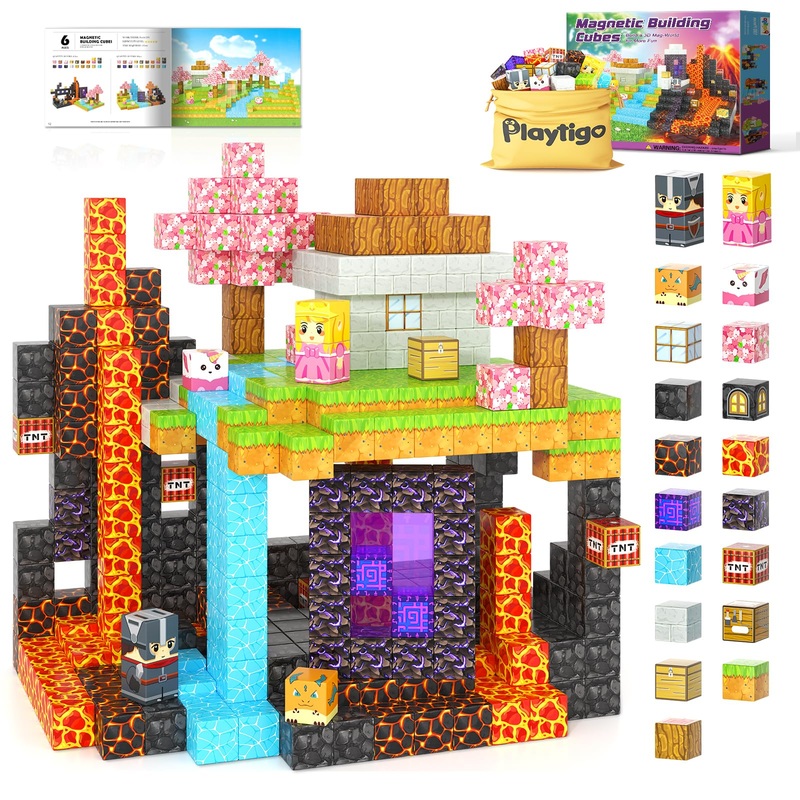 Playtigo Magnetic Blocks- 100Pcs Mine Magnet World Block Cubes Toys For Kids Ages 4-8 Magnetic Tiles Kids Sensory Birthday Gifts