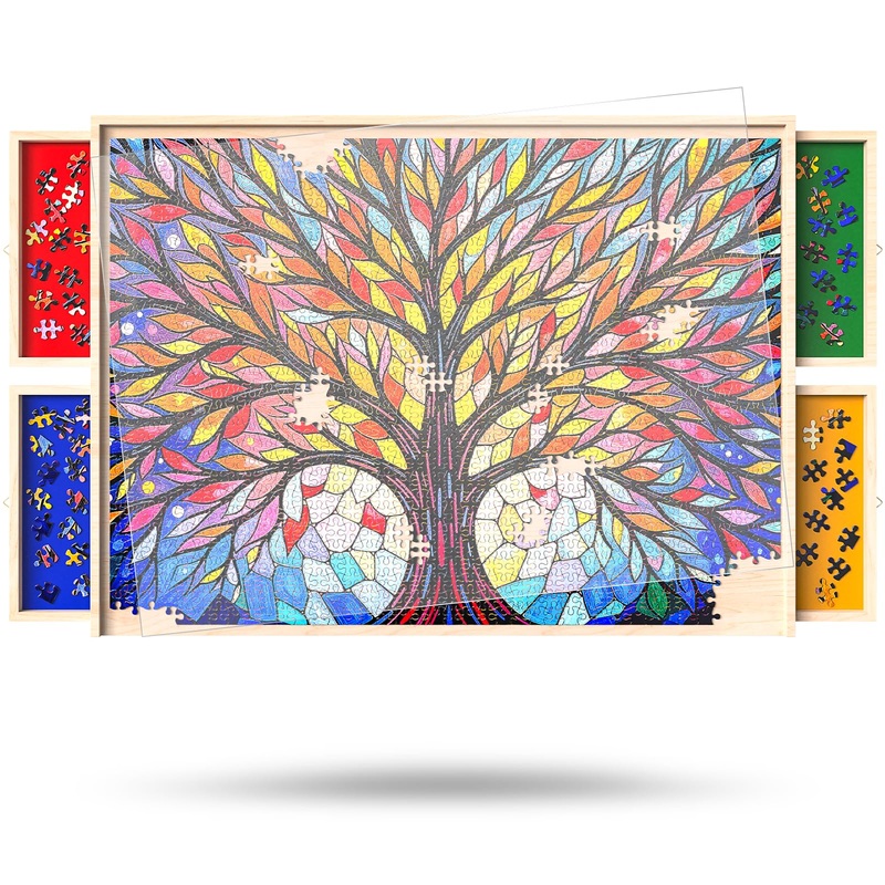 Puzzle Board With Drawers And Cover Rotatable 360-Degree Wheels 1000 Pieces Lightweight Portable Wooden Puzzle Table For Adults