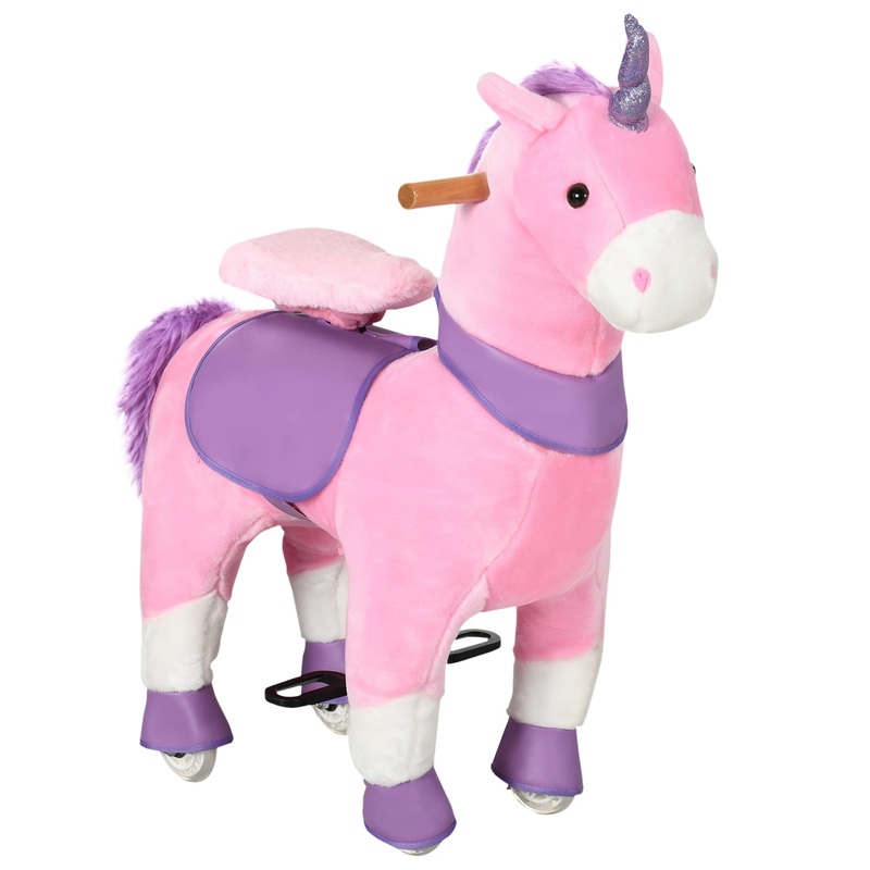 Qaba Ride On Real Walking Unicorn With Sparkly Horn, Soft Plush Ride On Rocking Horse Bearing 176Lbs, Imaginative Interactive To