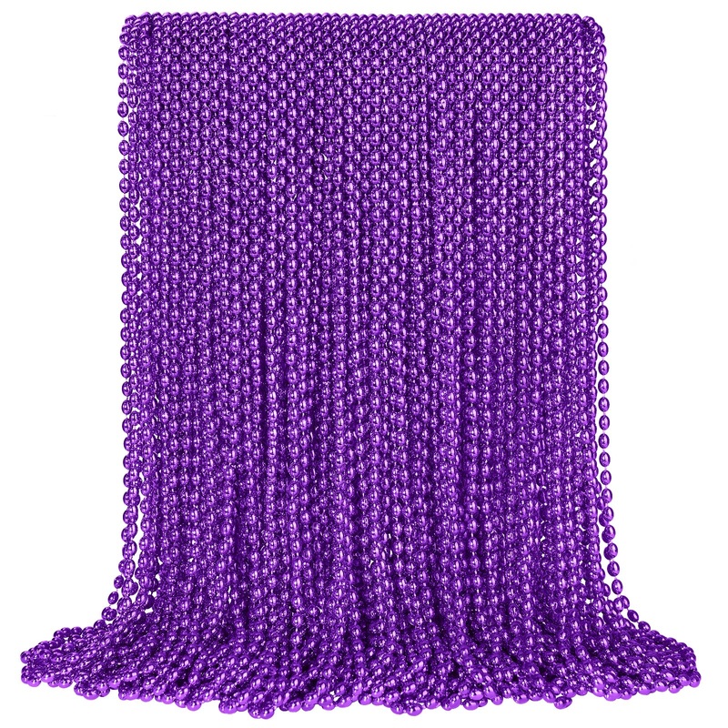 Shaoqinlin 100 Pcs Purple Mardi Gras Beads, Purple Oval Beads Necklaces 30.5” Metallic Beaded Costume Necklaces Party Necklaces