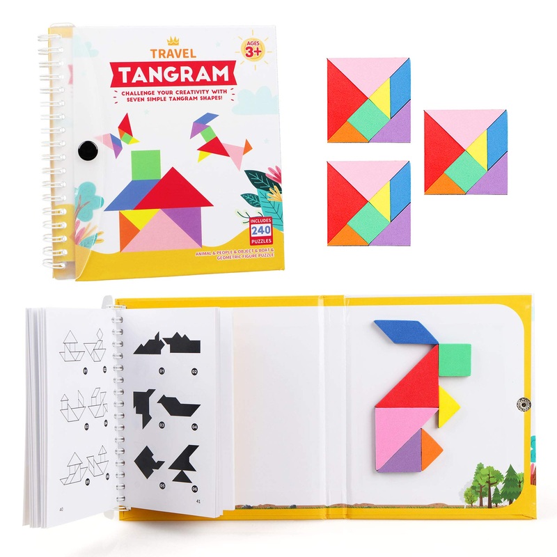 Vanmor Travel Tangram Puzzle – 3 Sets Of Magnetic Tangram With 240 Solution – Montessori Shape Pattern Blocks Jigsaw Road Trip G