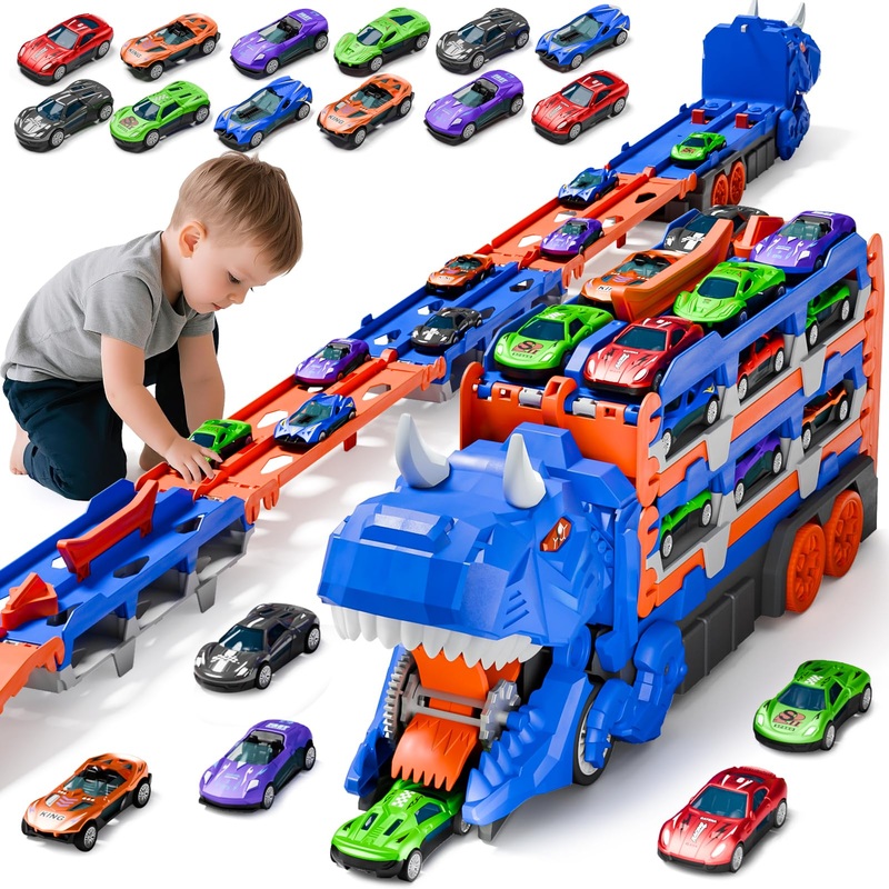 Vanvimen Toddler Car Truck Toys Gifts For 3 4 5 Years Old Boys, Toy Cars Track Set Dinosaur Transport Truck With 12 Pcs Die-Cast