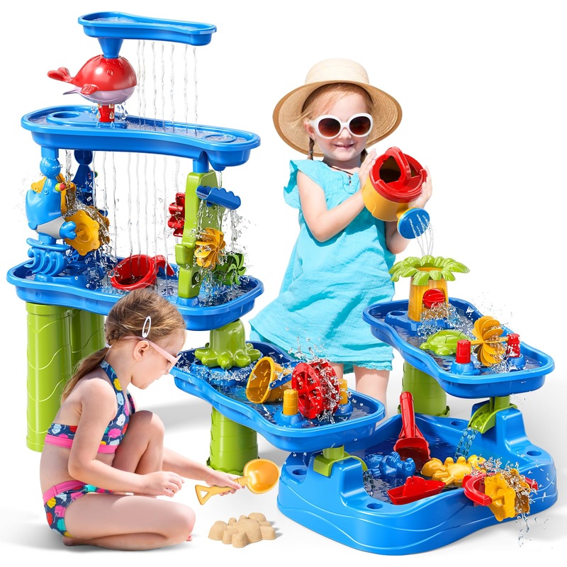 Watudou Water Table For Toddlers Kids 3-5 4-8, 5-Tier Sand Water Table With Rain Showers Pond, Kids Beach Summer Outdoor Toys Sa