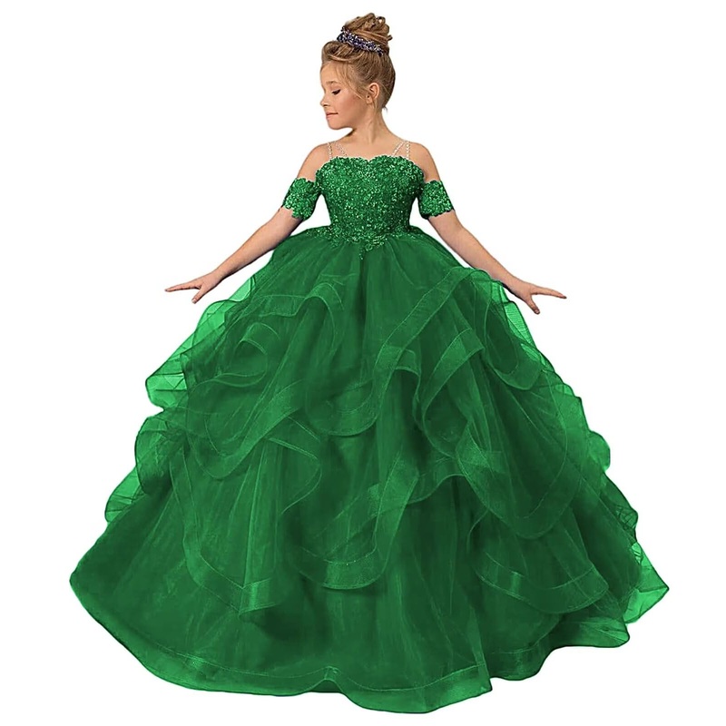 Zpvp Emerald Green Girls Pageant Dress Long Ruffles Princess Flower Girl Dress Beaded Appliques Tulle Wedding Party Costumes Us4