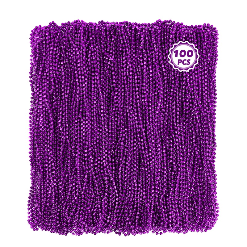 100 Pcs Purple Beads Necklaces, Mardi Gras Beads Necklaces, 33” Round Beaded Bulk Parade Throw Accessories Set, Beads Necklaces