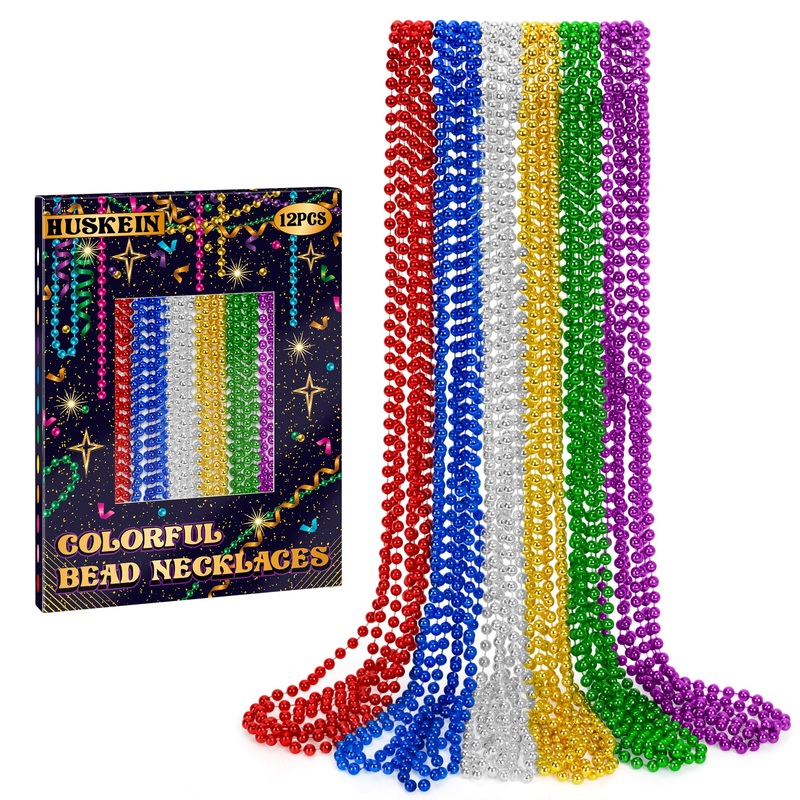12 Pcs Mardi Gras Beads Necklaces, 33” Metallic 6 Kinds Color Beaded Stuff Set, Festival Parade Throws, Colorful Assorted Carni