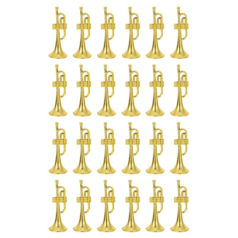 24Pcs Gold Brass Trumpet Ornament Decoration – Golden Plastic Trumpet Diy Scene Decoration Music