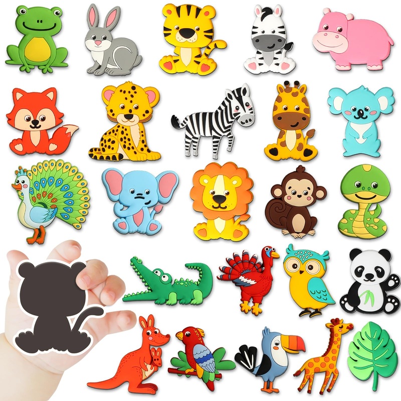24Pcs Jungle Animals Refrigerator Magnets For Toddlers 1-3 Kids Cute Rubber Safari Animals Educational Toy Wild Animal Magnets F