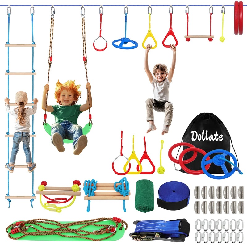 Dollate Ninja Warrior Obstacle Course For Kids – 55Ft, Outdoor Obstacle Course 13 Accessories, Swings, Monkey Bars, Arm Trainers