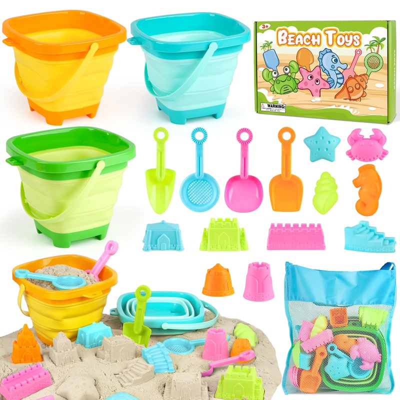 Dreamon Beach Toys For Kids 3-10, Collapsible Sand Toys Include 3 Pack Foldable Buckets, 24 Pcs Beach Mold And Shovels Molds, Tr