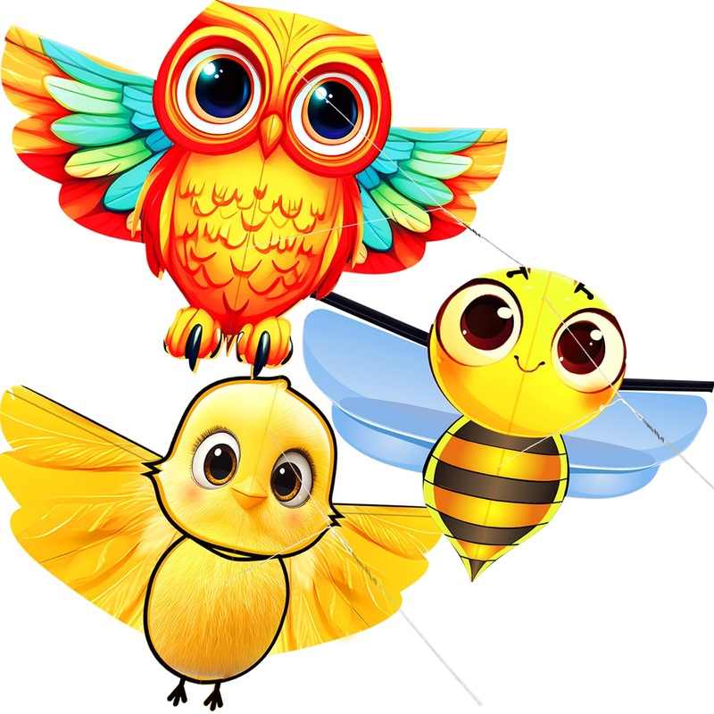 Hengda Kite 3 Pack Of Kites,Owl And Bee And Chick Kite,For Kids Beginners And Adults Cute Design High Definition Printing Easy T