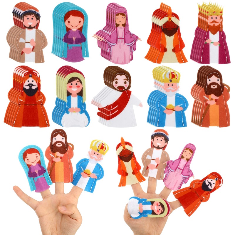 Honoson 60 Pcs Religious Easter Finger Puppets For Kids Felt Religious Jesus Toys He Lives Christian Nativity Finger Puppets For