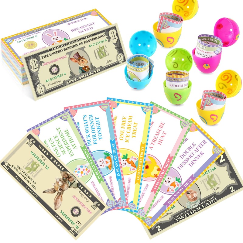 Juleasel 100 Pcs Easter Egg Fillers-Bunny Money Coupons, Paper Easter Egg Tokens Basket Stuffers, 60 Redeemable Coupons+30 Blank