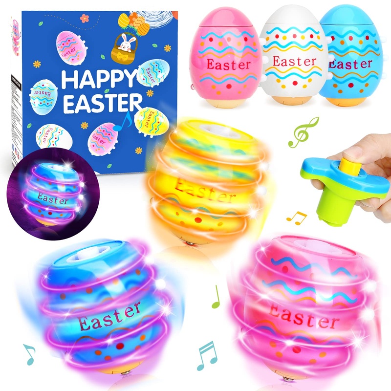 Light Up Easter Eggs Toy Gifts For Kids, 6 Easter Egg Spinning Tops With Flash & Music, Easter Basket Stuffers, Easter Eggs Hunt