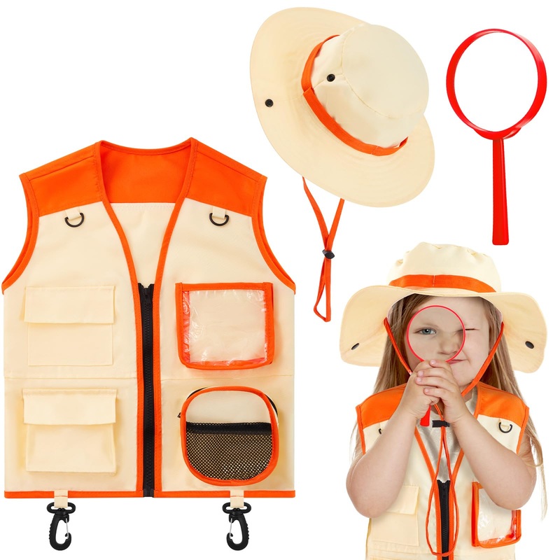 Ramede Kids Safari Explorer Vest And Hat Costume Fishing Adventure Camping Vest For Boy Girls Toddler Outfit(Vivid,Orange)