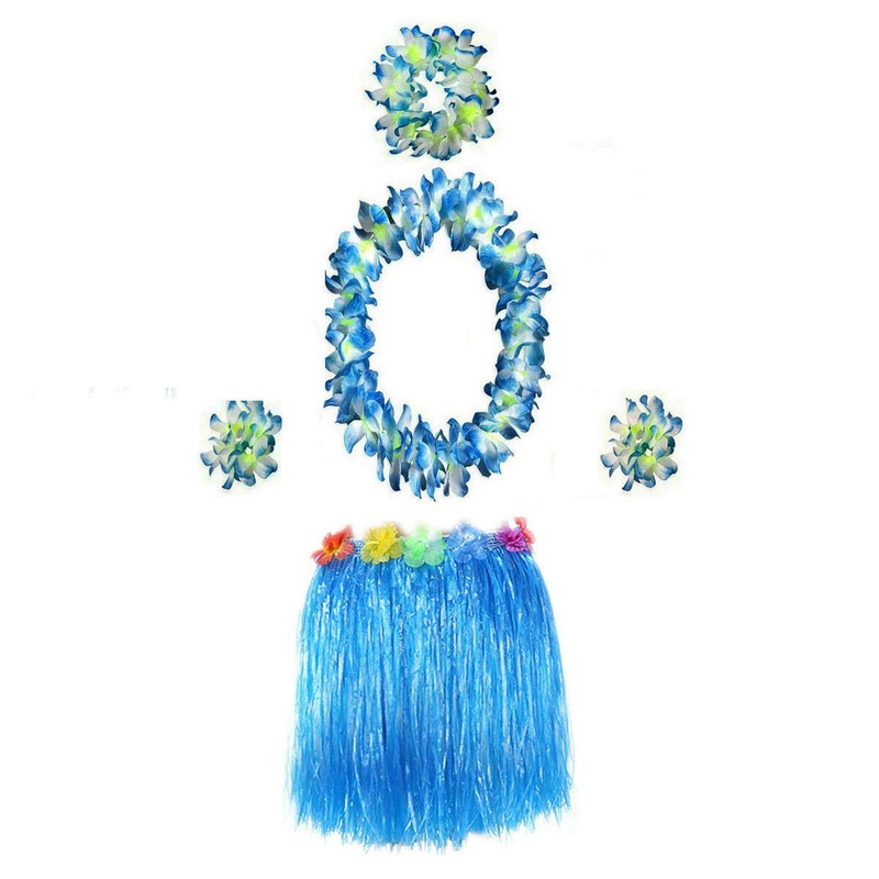 Bajotal Hawaiian Luau Hula Grass Skirt With Large Flower Costume Set For Dance Party Decorations Favors (16” – Purple)