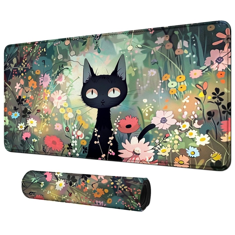 Bfdhgqzc Black Cat Among Flowers For Mtg & Tcg Playmat, 24” X 14” Mouse Pad For Mtg/Rpg/Ccg Trading Card Games