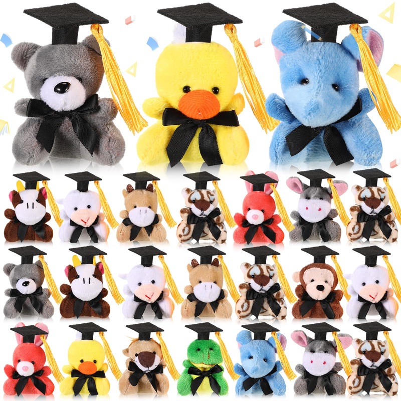 Blueweenly 24 Pcs 2025 Graduation Mini Stuffed Animal With Cap Grad Small Plush Animal Toy Keychain Congrats Grad Mini Stuffed B