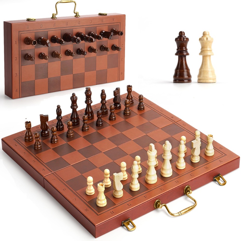 Chess Board Set With Handle, Toddlercley Magnetic Chess Set For Adults Kids, 15.5 Inch, Wooden Travel Chess Pieces With Storage