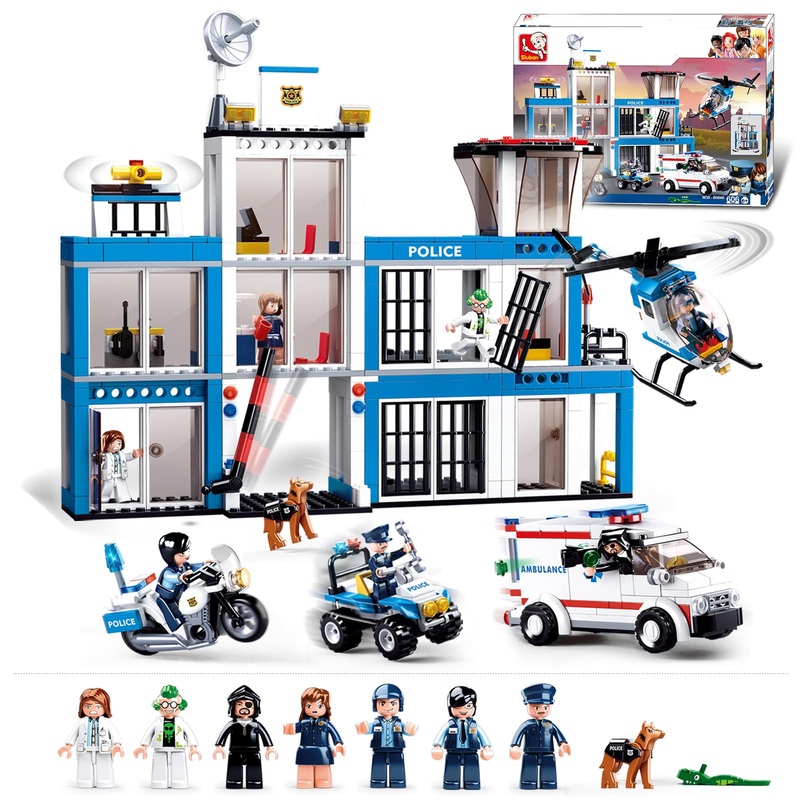 City Police Station Building Set, Headquarters Station, 4 Car Sets, Motorcycle, Police Helicopter, City Ambulance, Cop Patrol, 8