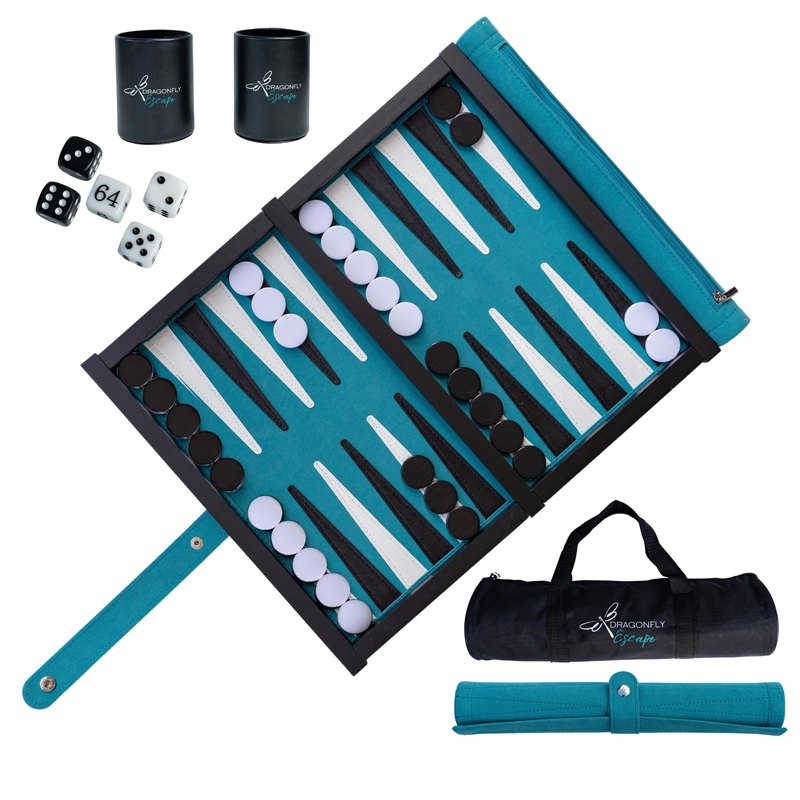 Dragonfly Escape Deluxe Travel Backgammon Set – Roll-Up Board With Magnetic Wooden Frame, Dice Cups And Bag – Unique Travel Back