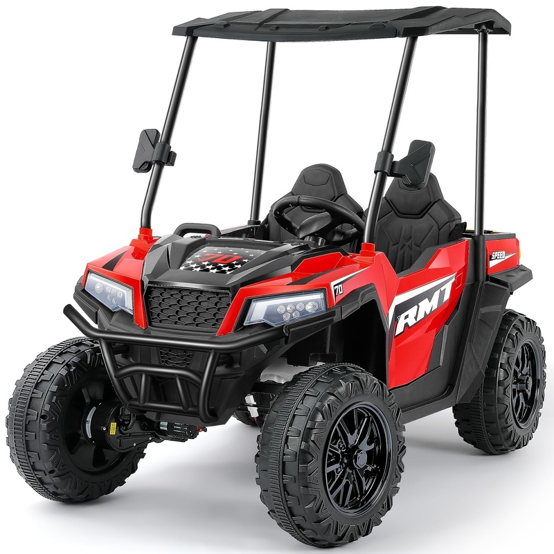 Elemara Multifunctional Large Electric 2 Seater, Kid Driving Car W/Sun Shade, Remote Control Ride On W/Dump Bed & Shovel, 12V Si