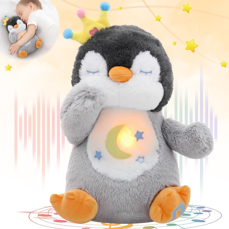 Emoin Breathing Stuffed Animal Penguin Plush, Soothing Breathing Penguin Plush Toy With Lights And Music Penguin Gifts Stuff For