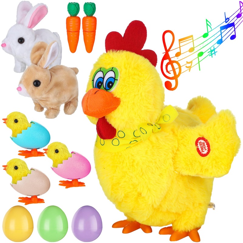 Foilswirl 11 Pcs Easter Plush Toys Include Electric Stuffed Laying Egg Chicken Dancing With Sound Music Interactive Hopping Rabb