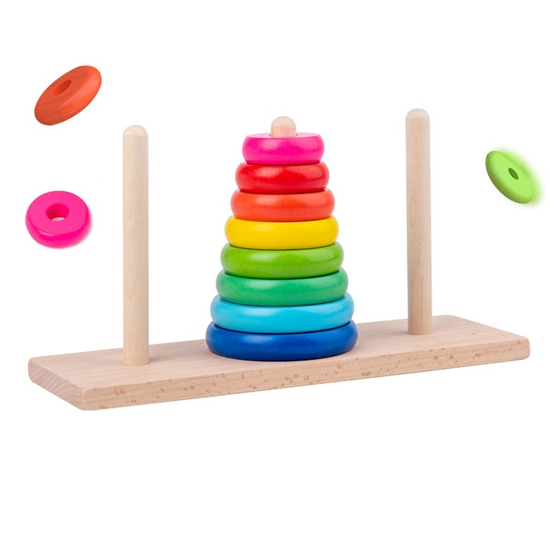Gybber&Mumu Wooden Towers Of Hanoi (8 Rings) Rainbow Blocks Toy With Storage Box For Kids 3 Years And Up