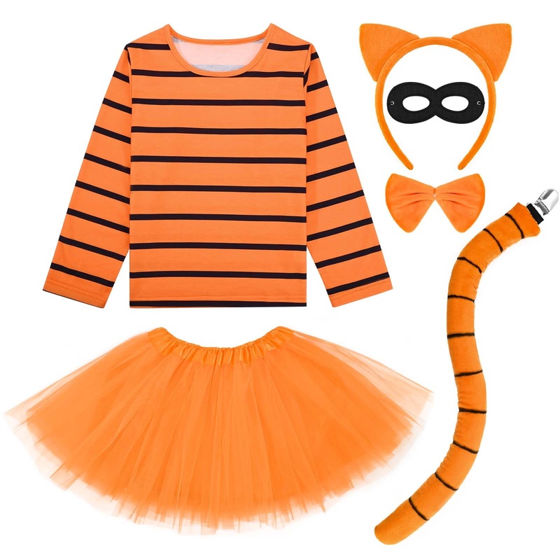 Jchrmers 6Pcs Book Day Orange Cat Costume Set Outfit Including Cat Ears Headband Orange Black Striped Shirt Tutu Skirt Eye Mask