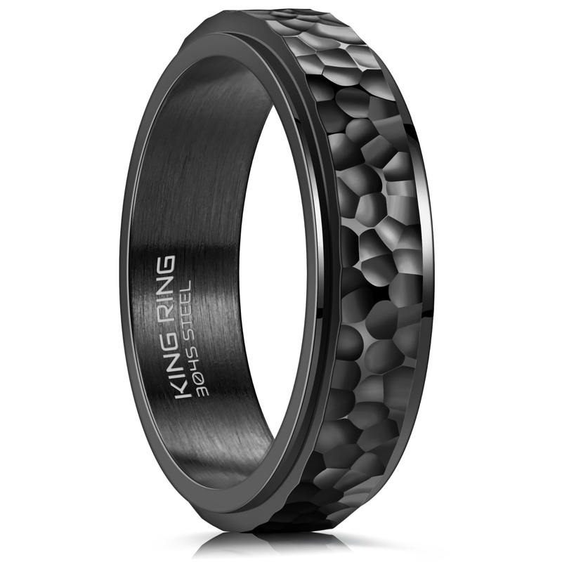 King Ring 6Mm Spinner Hammered Ring – Stress Relief Fidget Ring For Men & Women K39V2 – Black 09