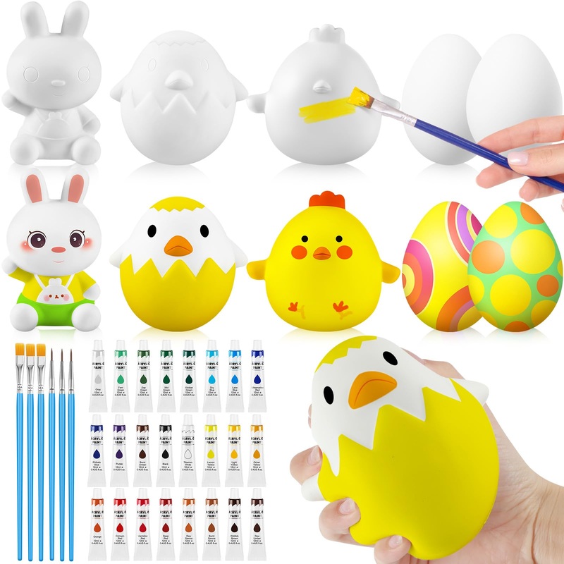 Poen 12 Pcs Easter Egg Bunny Coloring Decorating Dye Kit With Paints, Easter Squeeze Slow Rising White Eggs Chicken Rabbits Toys