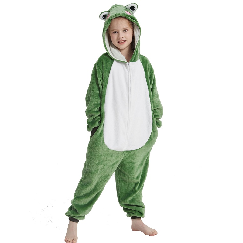 Acogna Onesie Kids Plush Animal Frog Costume One Piece Pajamas Girls Boys Teen Halloween Cosplay Sleepwear Green 6-7 Years