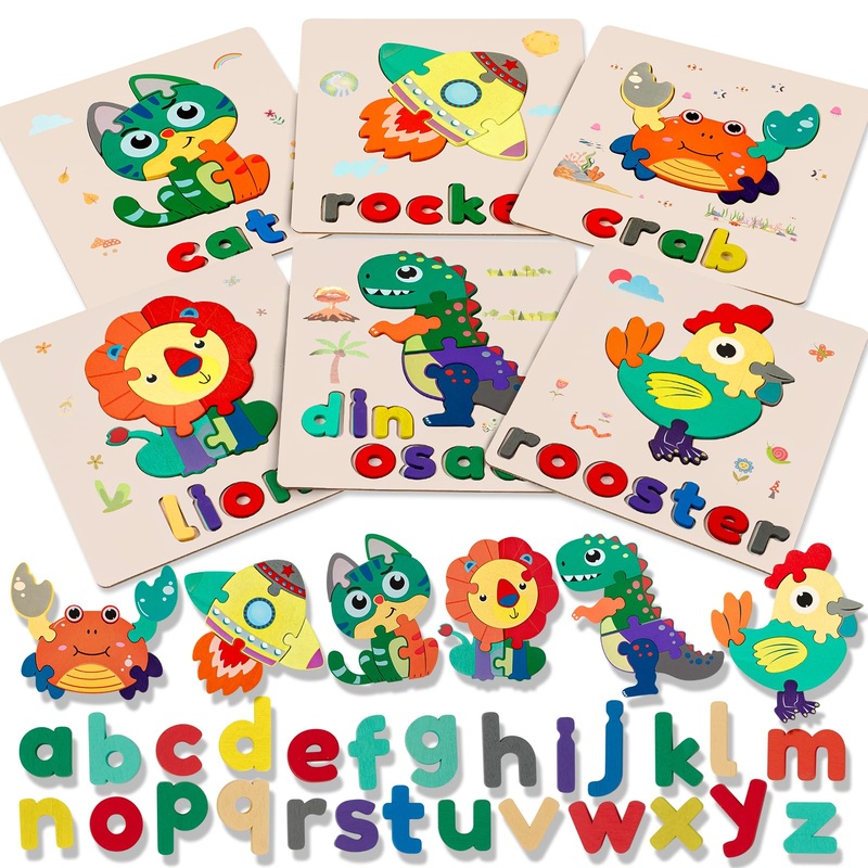 Atoylink Wooden Puzzles For Toddlers 1-3, Montessori Toys With Match Letter Spelling Game For Toddlers 2-4, Animal Jigsaw Educat