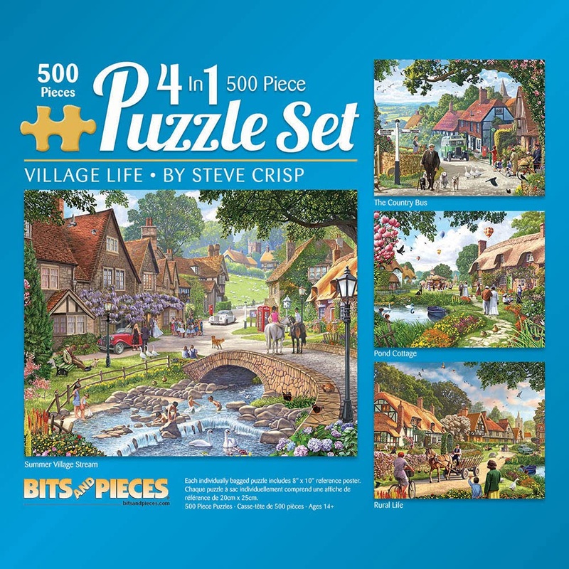 Bits And Pieces – 4-In-1 Multi-Pack 500 Piece Jigsaw Puzzles For Adults – Village Life By Artist Steve Crisp, Completed Puzzle S