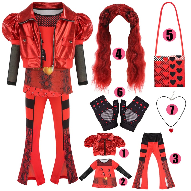 Bubbizozo Girl Rise Of Red Costume Heart Jacket Shirt Flare Pants Wig Necklace Gloves Bag Halloween Cosplay 7Pcs Set 3-12Y (Red