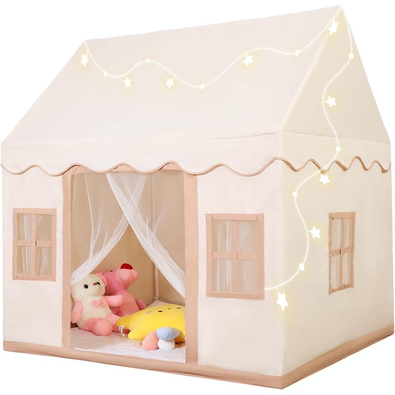 Bubplay Large Play Tent With Mat For Toddler & Kids, Indoor Playhouse Tent With Star Light And Windows For Girl & Boy Ages 1-13,