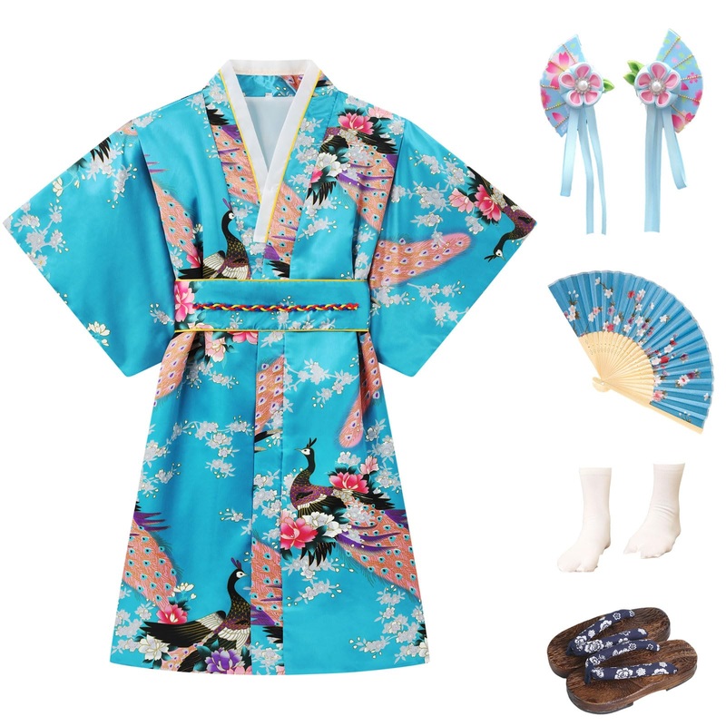Cutey May Japanese Traditional Dress For Girls Costume Kimono For Kids Set (Aqua, 5-6Years(120Cm))
