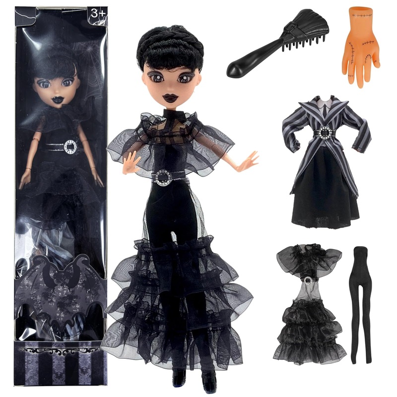 Dumwick 9”Addams Doll,Long Sleeve Dots Dress,Red Lips,Made To Move Addams Dolls,Birthday Gifts For Kids Girls Fans (Black Skirt