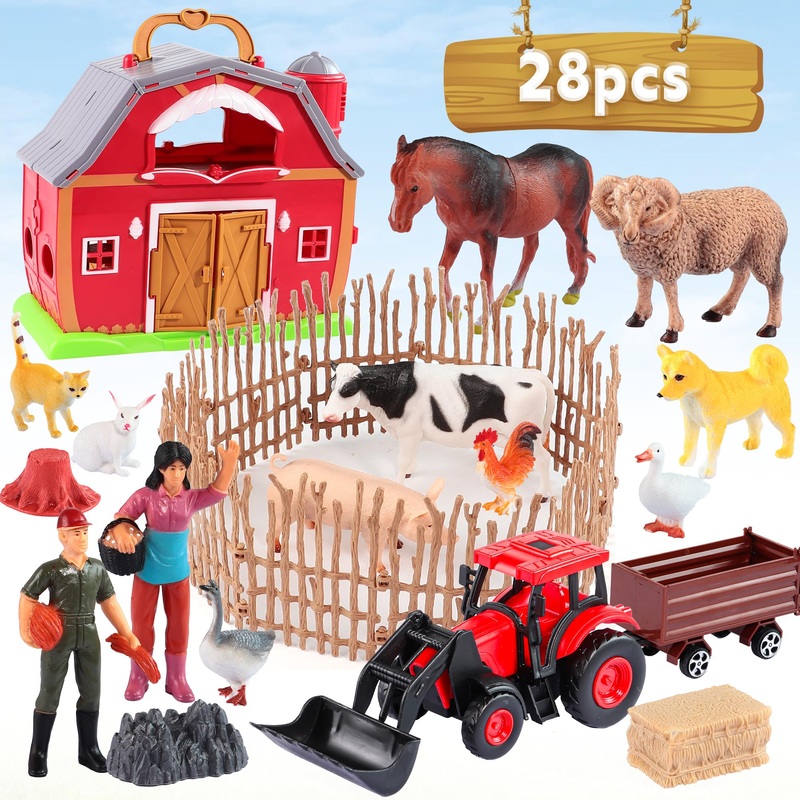 Enaurol Red Barn Farm Animals Toys, 28Pcs Animals Figures And Farm Tractor Playset, Educational Learning Toys For Toddlers And K