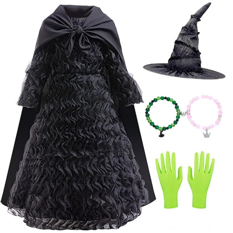 Girls Elphaba Costume Kids Witch Cosplay Elphaba Dress With Witch Hat