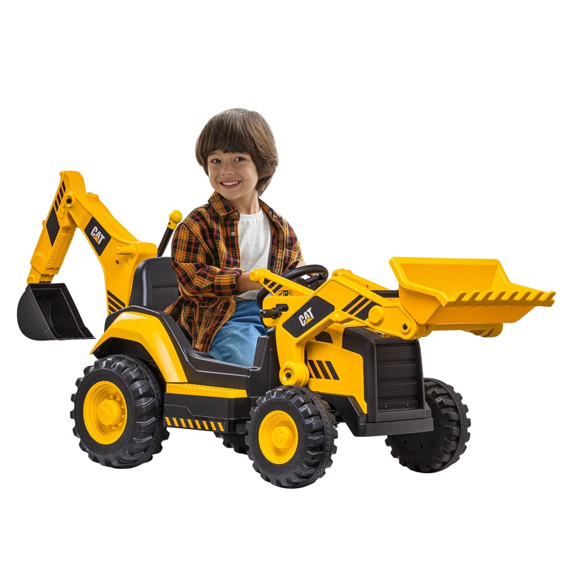Kid Trax 12V Cat Backhoe Loader – Ride On Excavator Construction Toys For Boys W/Realistic Sounds, 2.5-5 Mph Mini Bulldozer, Ind