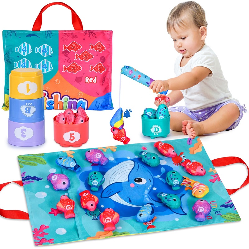 Montessori Toys For 1 Year Old Boy Girl Birthday Gifts, Fishing Game For Toddlers 1-3 With Stacking Cups, Toddler Toys Sensory L