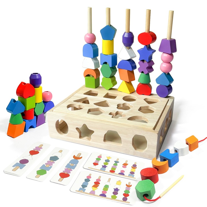 Montessori Wooden Beads Sequencing Toy Set, 2 In 1 Wooden Color Shape Sorters Toys, Geometric Shape Matching Stacking Box Game,