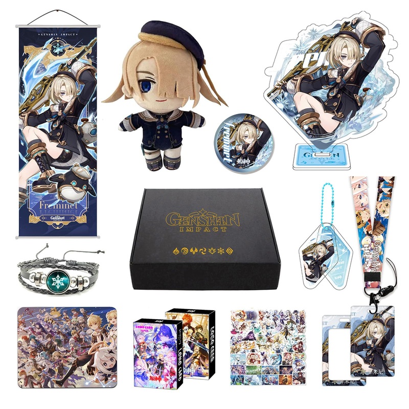 Motao Genshin Impact Box Freminet Merch Set – Plush Doll, Poster, Mouse Pad, Stand Figure, Bracelet, Badge, Keychain, Card Holde