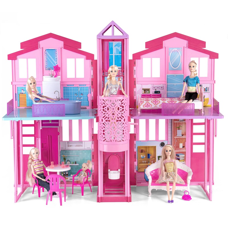 My Dreamy Doll House, Dollhouse Playhouse With Large Rooms & Big Furnitures, Including Elevator, Foldable Dolls House Toys Gifts