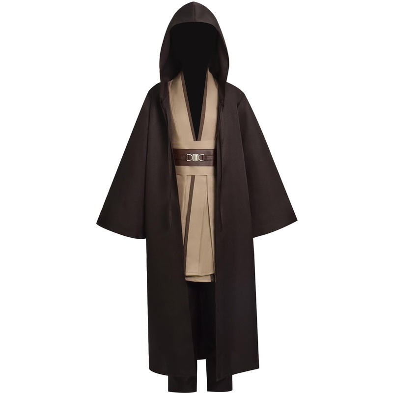 Sampepa Jedi Costume For Boys Tunic Costume Hooded Robe Anakin Costume Uniform Halloween Cosplay Outfit (Khaki, X-Small)