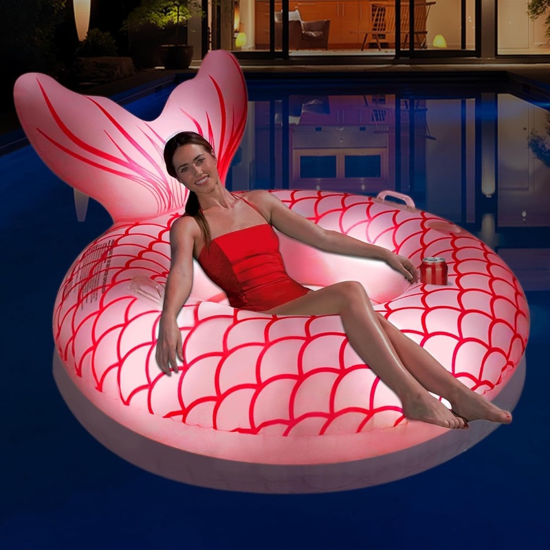 Sinbyuer Mermaid Inflatable Pool Float Chair, Solar Powered Pink Pool Float With Lights, Pool Lounger Float With Cup Holder & Ha