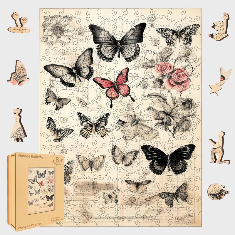 Vintage Butterfly Wooden Puzzles For Adults,200 Pieces Unique Animal Shape Jigsaw Puzzles,Medium Size 8.9” X 12” Adult Wood Pu